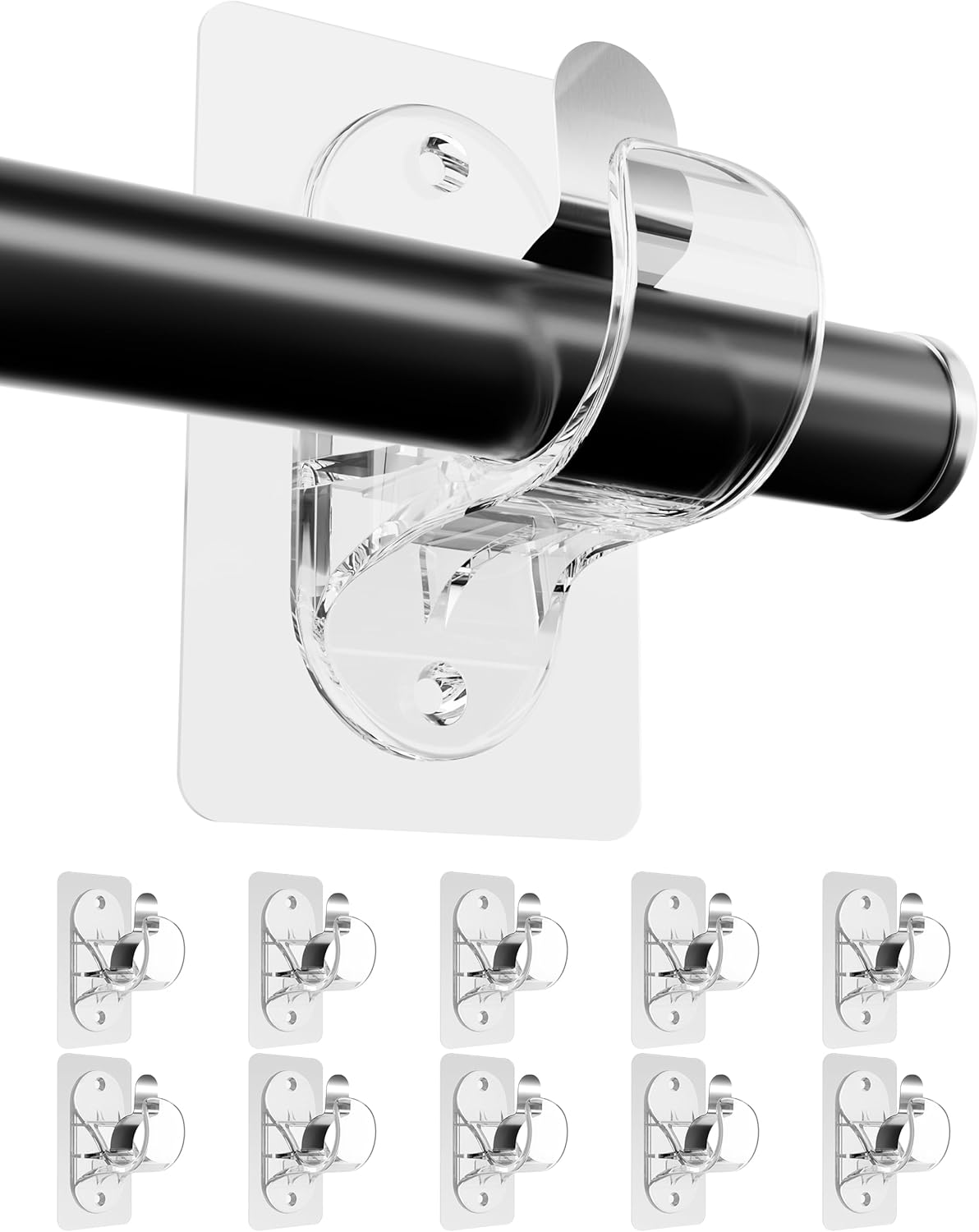 Transparent No Hole Curtain Rod Brackets Hangers, Self Adhesive Curtain Rod Holders, No Drilling, No Nail Heavy Duty Stick on Rod Hooks