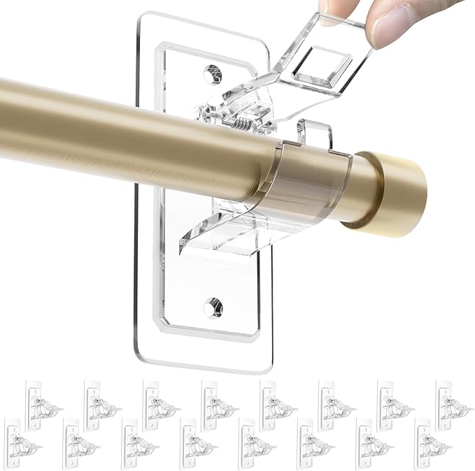 ANDGOO 4/8/16 Pack Transparent No Drill Curtain Rod Brackets, Holding Up to 17 lbs, PET Self Adhesive Curtain Rod Holders, Adjustable Nail Free Curtain Rod Hooks for Bedroom Bathroom and Living Room