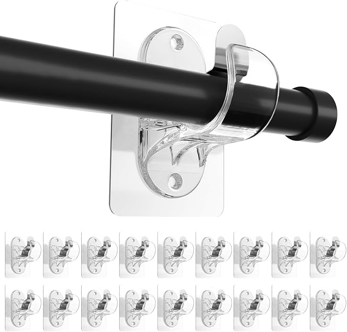Transparent No Hole Curtain Rod Brackets Hangers, Self Adhesive Curtain Rod Holders, No Drilling, No Nail Heavy Duty Stick on Rod Hooks