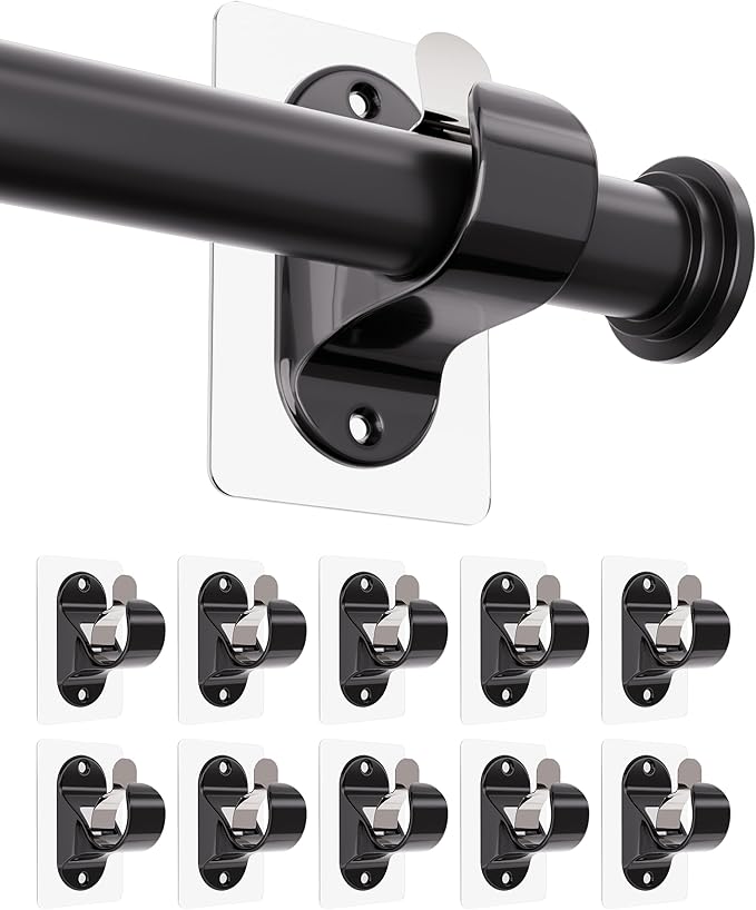 ANDGOO 6/10/18 Pack No Hole Curtain Rod Brackets Hangers, Self Adhesive Curtain Rod Holders, No Drilling, No Nail Heavy Duty Stick on Rod Hooks (Black)