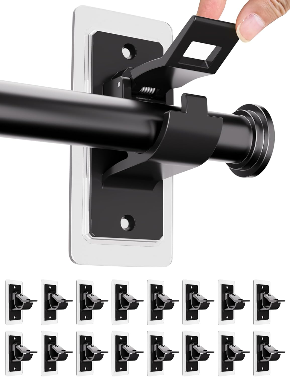 ANDGOO 8/16 PCS Black No Drill Curtain Rod Bracket, Self Adhesive Curtain Rod Holders, No Hole, Multipurpose Nail Free Curtain Rod Hooks for Bathroom Living Room Kitchen and Bedroom