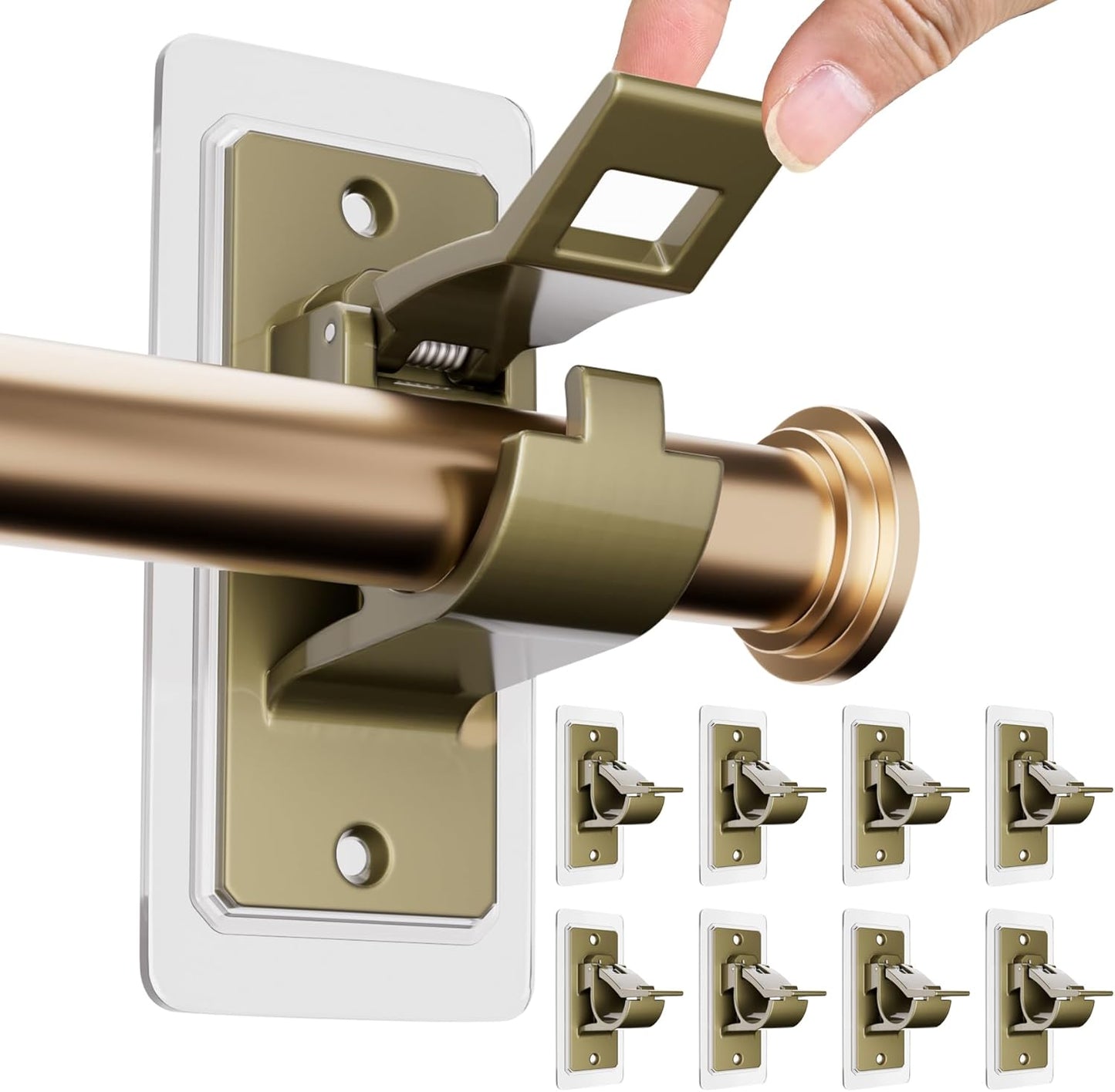 ANDGOO 8/16 PCS Bronze-Gold No Drill Curtain Rod Bracket, Self Adhesive Curtain Rod Holders, No Hole, Multipurpose Nail Free Curtain Rod Hooks for Bathroom Living Room Kitchen and Bedroom