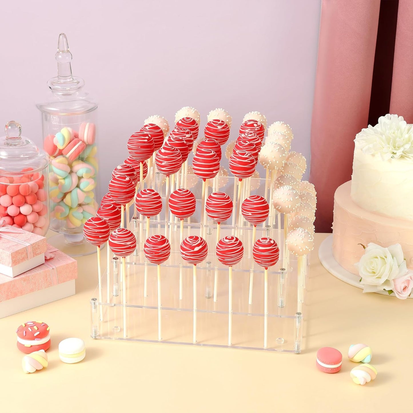 ANDGOO 4-Tier Cake Pop Stand, 56-Holes Acrylic Lollipop Holder with Non-Slip Pads, Clear Tower Cake Pop Display Stand for Wedding Decor Birthday Parties Christmas Halloween Candy Decorative