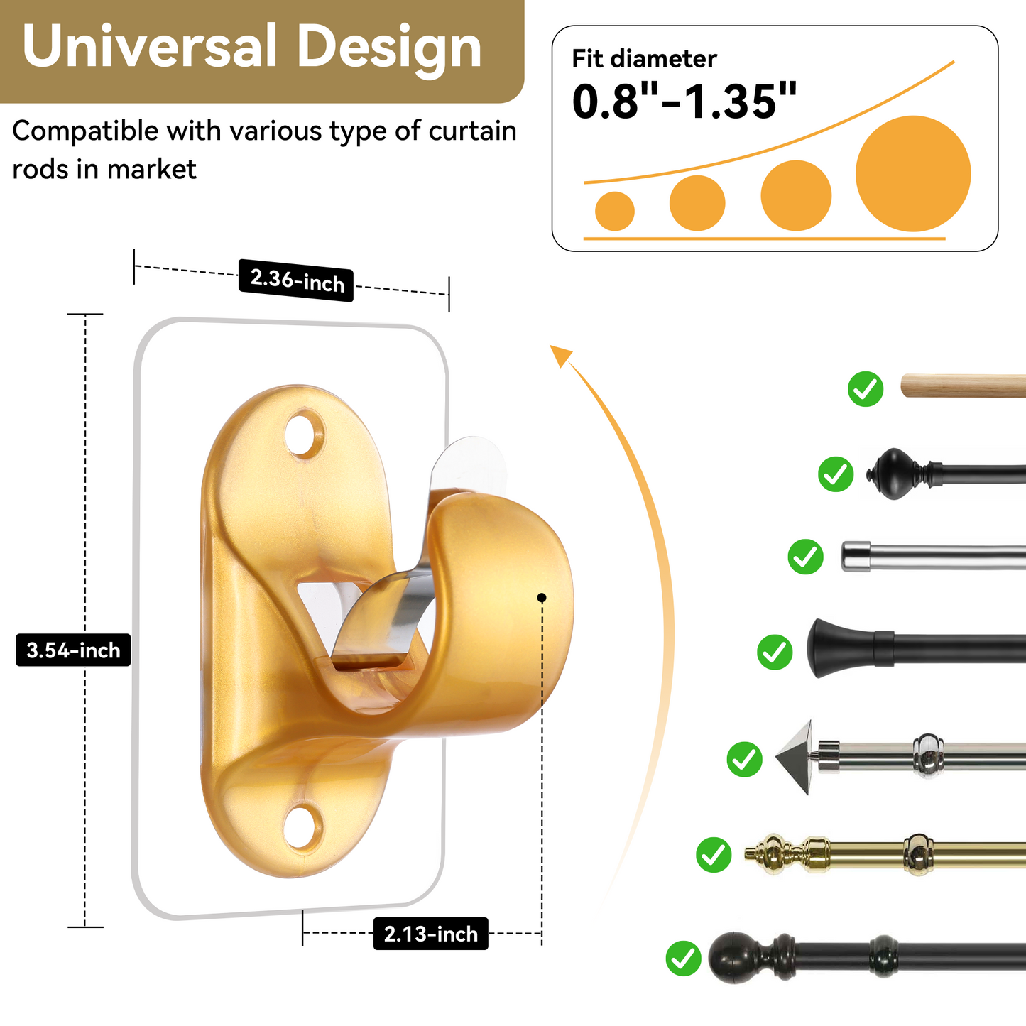 6/10/18-Pack No Hole Curtain Rod Brackets Hangers, Self Adhesive Curtain Rod Holders, No Drilling, No Nail Heavy Duty Stick on Rod Hooks (Gold)