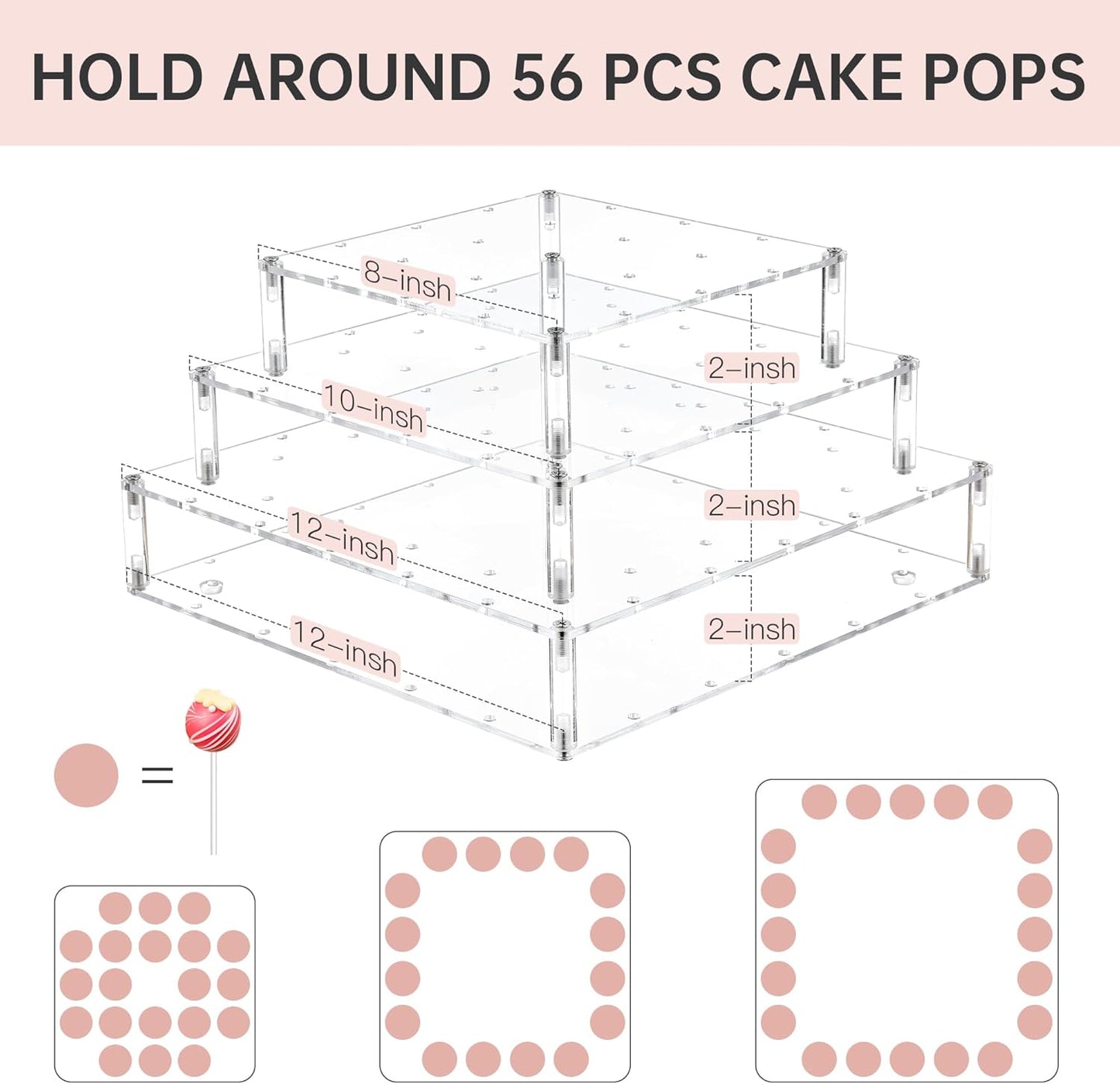 ANDGOO 4-Tier Cake Pop Stand, 56-Holes Acrylic Lollipop Holder with Non-Slip Pads, Clear Tower Cake Pop Display Stand for Wedding Decor Birthday Parties Christmas Halloween Candy Decorative