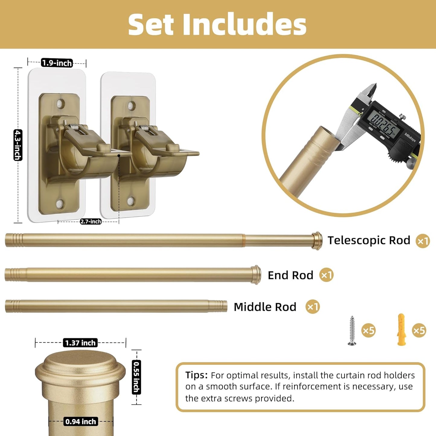 Curtain Rods No Drilling for Windows, Adjustable Bronze-Gold Curtain Rod with Brackets, Splicing Apartment Friendly Curtain Rods Easy Installation and Modern Design