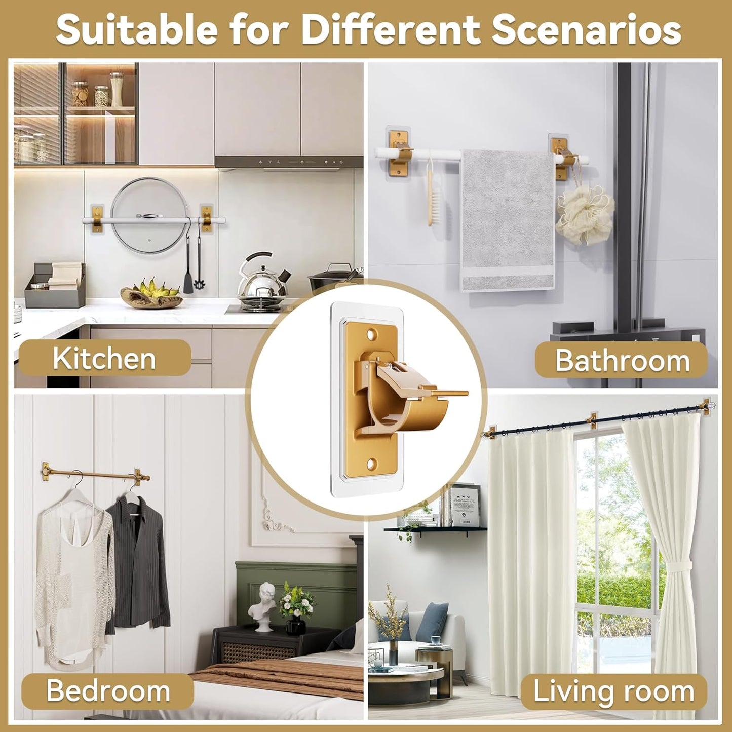 ANDGOO 8/16PCS Gold No Drill Curtain Rod Bracket, Self Adhesive Curtain Rod Holders, No Hole, Multipurpose Nail Free Curtain Rod Hooks for Bathroom Living Room Kitchen and Bedroom