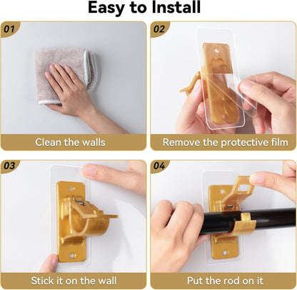 ANDGOO 8/16PCS Gold No Drill Curtain Rod Bracket, Self Adhesive Curtain Rod Holders, No Hole, Multipurpose Nail Free Curtain Rod Hooks for Bathroom Living Room Kitchen and Bedroom