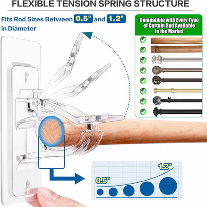 ANDGOO 4/8/16 Pack Transparent No Drill Curtain Rod Brackets, Holding Up to 17 lbs, PET Self Adhesive Curtain Rod Holders, Adjustable Nail Free Curtain Rod Hooks for Bedroom Bathroom and Living Room