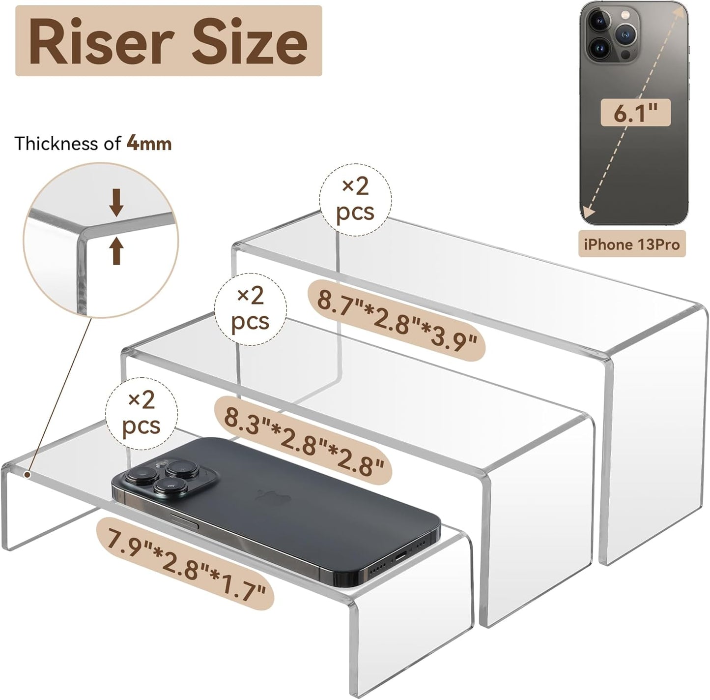 ANDGOO Display Risers, 6 Pcs Rectangular Clear Acrylic Showcase Collectibles Display Stands Suitable for Retail Shoe Showcase Jewelry Funko Pop Figures