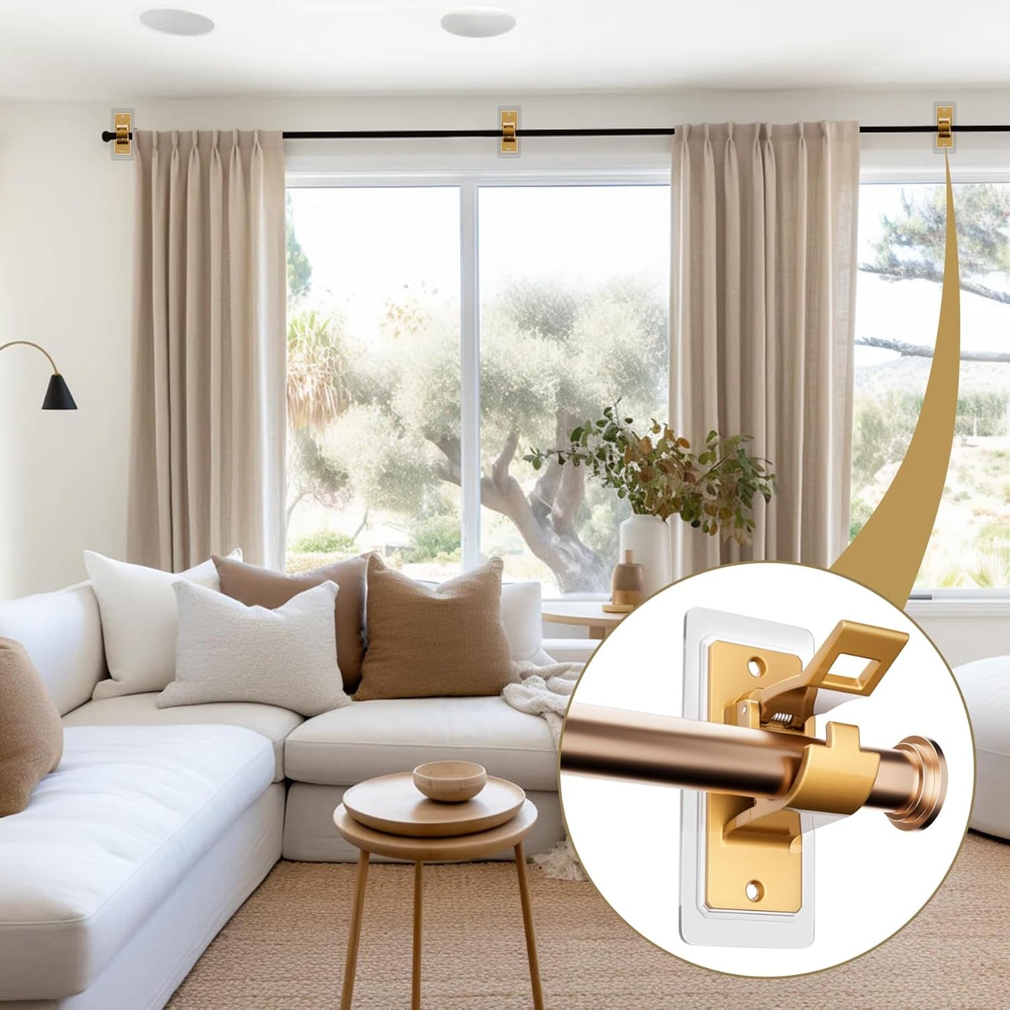 ANDGOO 8/16PCS Gold No Drill Curtain Rod Bracket, Self Adhesive Curtain Rod Holders, No Hole, Multipurpose Nail Free Curtain Rod Hooks for Bathroom Living Room Kitchen and Bedroom