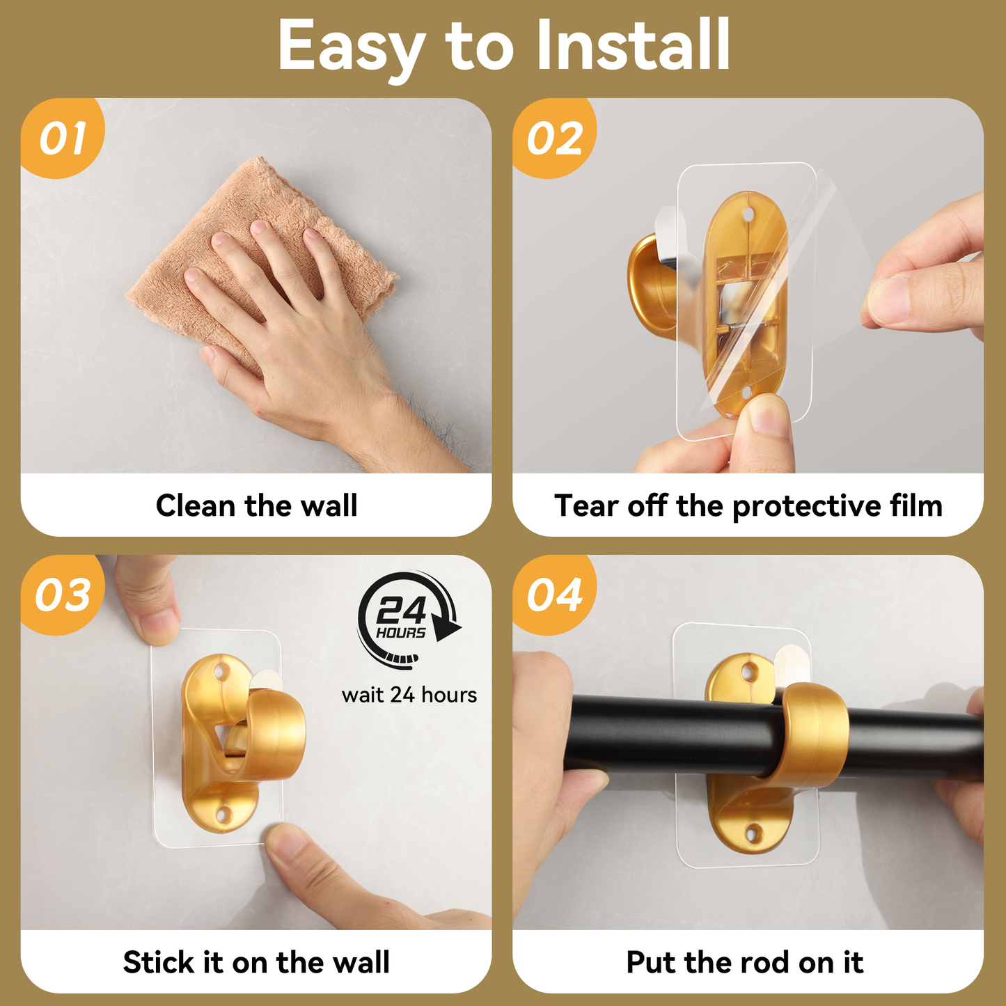 6/10/18-Pack No Hole Curtain Rod Brackets Hangers, Self Adhesive Curtain Rod Holders, No Drilling, No Nail Heavy Duty Stick on Rod Hooks (Gold)